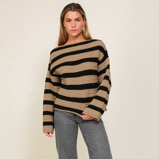 Boat Neck Striped Chunky Knit Sweater | JQ Clothing Co.