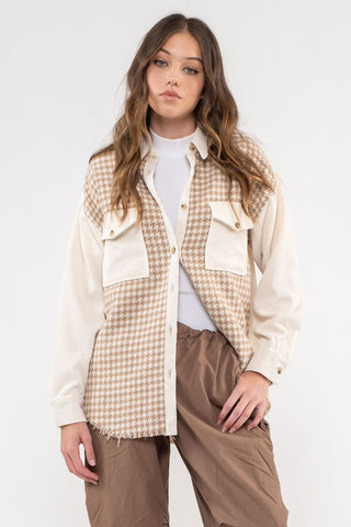 Khaki Houndstooth Contrast Shacket | JQ Clothing Co.