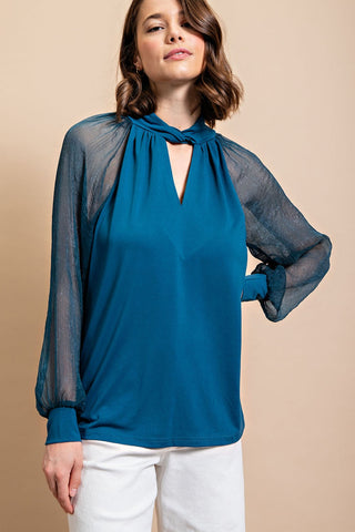 Twist Neck Sheer Sleeve Blouse | JQ Clothing Co.