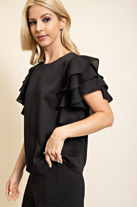 Tiered Sleeve Simple Black Blouse | JQ Clothing Co.