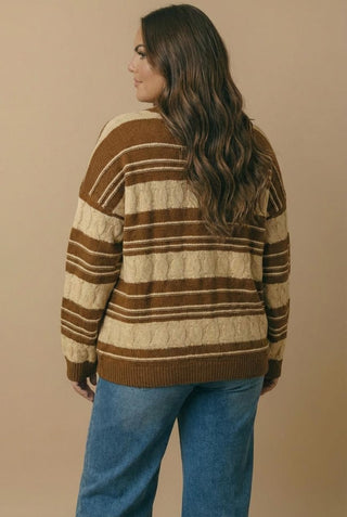 Curvy Cable Knit Stripe Button Down Cardigan