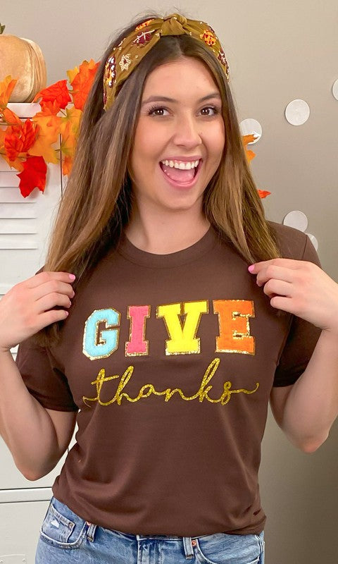 Chenille Lettering 'Give Thanks' Graphic Tee | JQ Clothing Co.