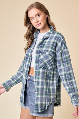 Denim/Green Frayed Plaid Shirt | JQ Clothing Co.