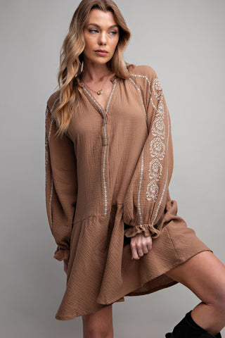 Mocha Cotton Gauze Embroidered Dress | JQ Clothing Co.