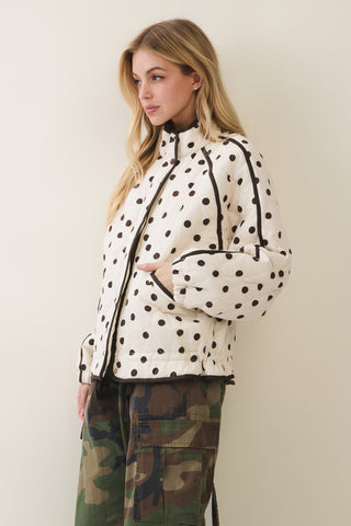 Cream Polka Dot Contrast Quilted Jacket