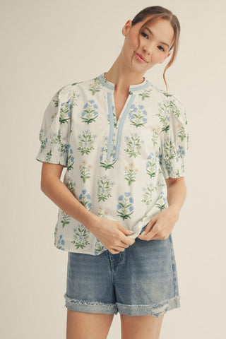 Color Contrast V-notched Neck Floral Top | JQ Clothing Co.