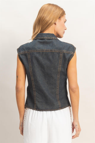 Sleeveless Denim Button-up Top