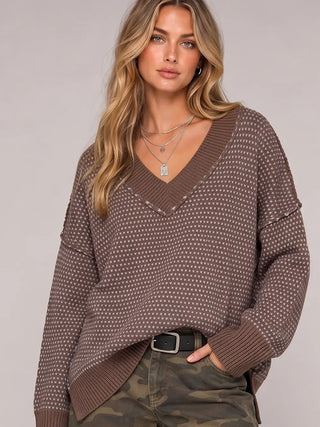 Chocolate Contrast Stitch V-Neck Sweater | JQ Clothing Co.