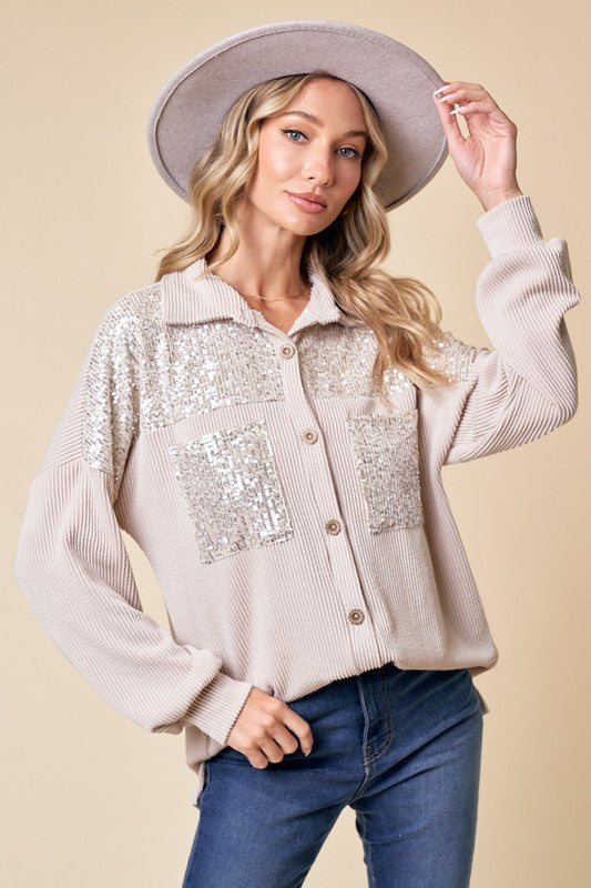 Sequin Contrast Button Down Top | JQ Clothing Co.
