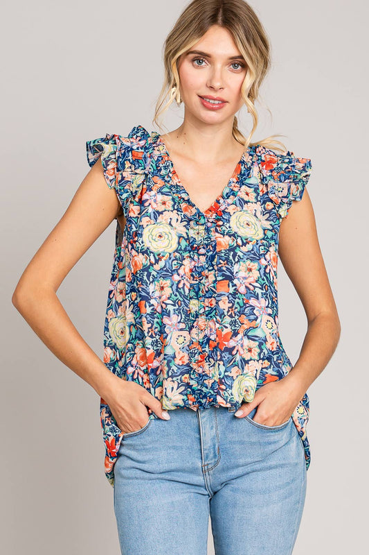 Bright Floral Printed Ruffle Sleeve