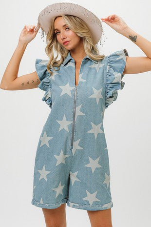 Vintage Star Print Denim Romper | JQ Clothing Co.