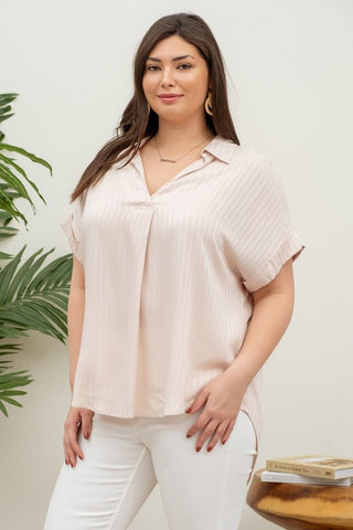 Curvy Striped Collared Split Neck Blouse