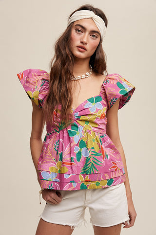 Flower Print Cinched Sweetheart Top | JQ Clothing Co.