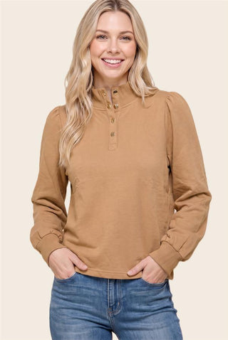 Camel Puff Sleeve Mock Neck Half-Button Top in warm camel terry