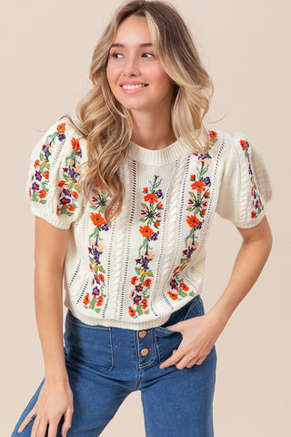 Flower Embroidery Pointelle SS Sweater | JQ Clothing Co.