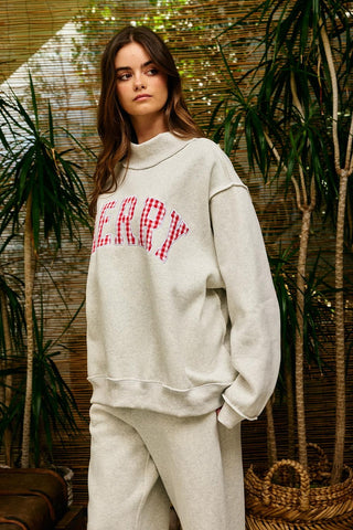 Appl Embr "MERRY" Varsity Mock Neck