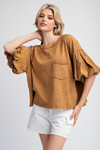 Casual Mineral Washed Puff Sleeve Top | JQ Clothing Co.