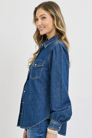 Risen Shirring Sleeve Relaxed Fit Denim Shirt