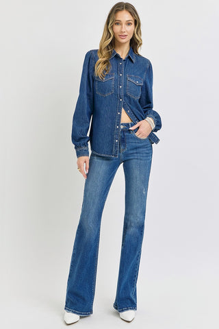 Risen Shirring Sleeve Relaxed Fit Denim Shirt