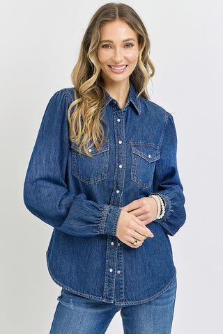 Risen Shirring Sleeve Relaxed Fit Denim Shirt