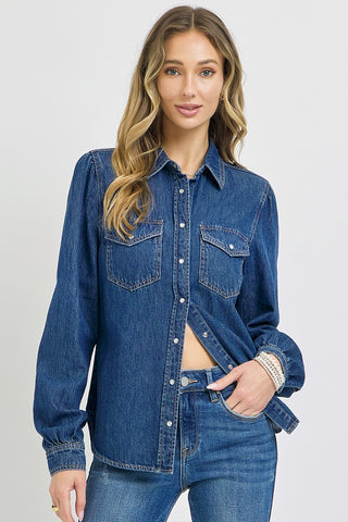 Risen Shirring Sleeve Relaxed Fit Denim Shirt