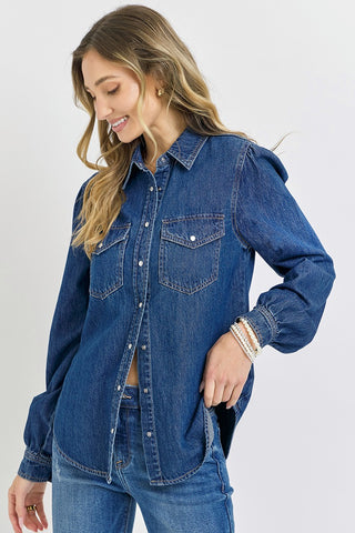 Risen Shirring Sleeve Relaxed Fit Denim Shirt