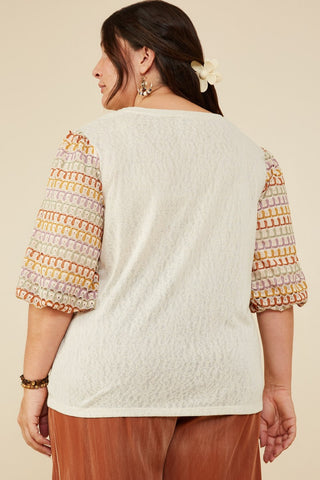 Curvy Contrast Knit Sleeve Textured Top
