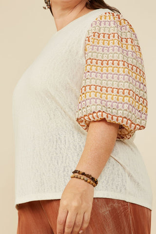Curvy Contrast Knit Sleeve Textured Top