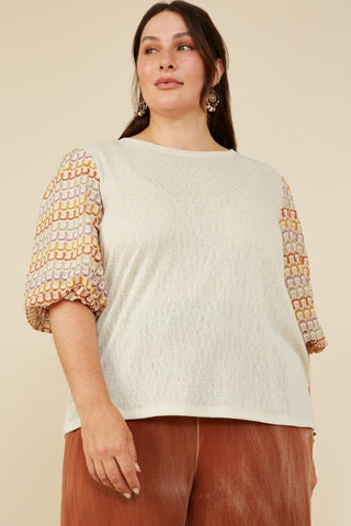 Curvy Contrast Knit Sleeve Textured Top
