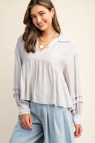 Pleated Peplum LS Blouse | JQ Clothing Co.