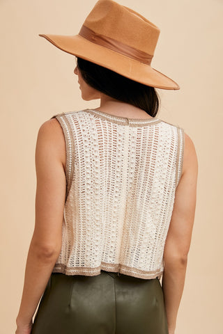 Latte Blue Floral Embo Patch Crochet Vest