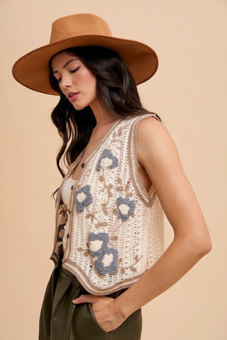 Latte Blue Floral Embo Patch Crochet Vest