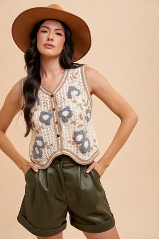 Latte Blue Floral Embo Patch Crochet Vest | JQ Clothing Co.