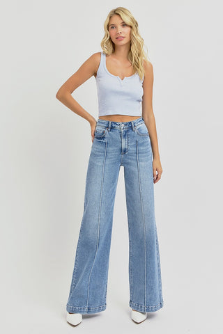 Risen High Waist Wide Leg Pintuck Jeans