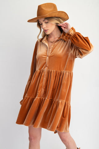 Camel Button Down Velvet Dress | JQ Clothing Co.