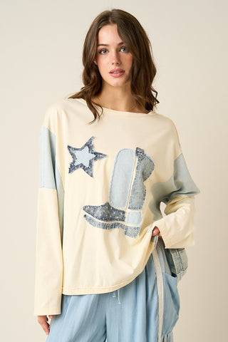 Cream Denim Western Cowboy Boot Star Patchwork Long Sleeve Top