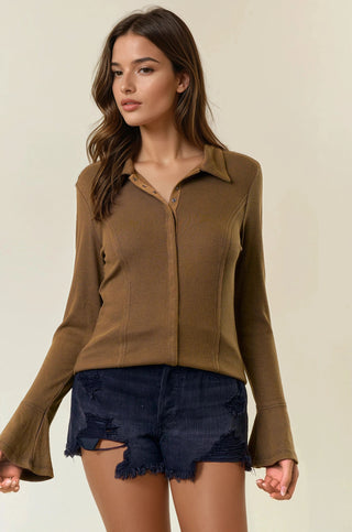 Snap Button Bell Sleeve Shirt Top