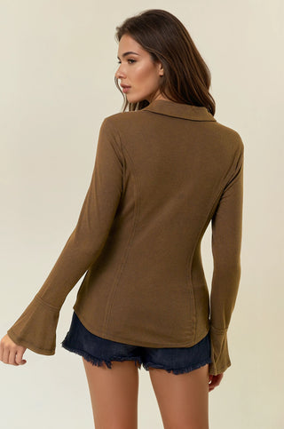 Snap Button Bell Sleeve Shirt Top