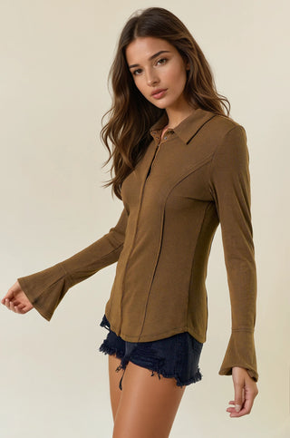 Snap Button Bell Sleeve Shirt Top