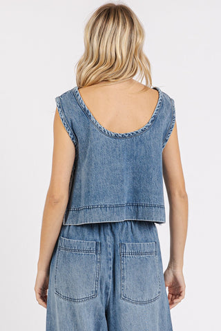 Denim Distressed Detail Boxy Crop Top, view 2