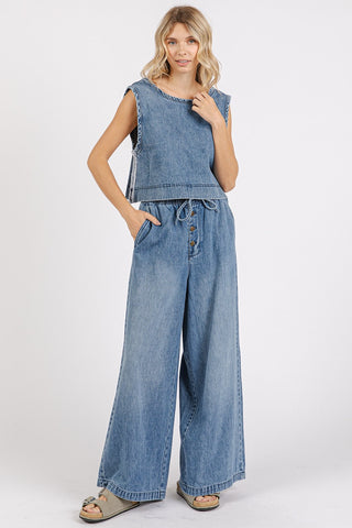 Denim Distressed Detail Boxy Crop Top, view 3