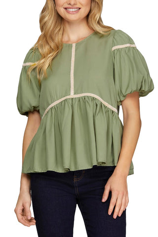 Dusty Sage SS Trim Detail Woven Top