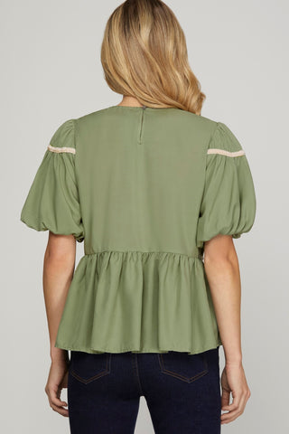Dusty Sage SS Trim Detail Woven Top, view 2