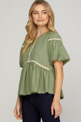 Dusty Sage SS Trim Detail Woven Top, view 3