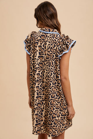 Taupe Leopard Crochet Trim Ruffle Mini Dress