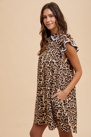 Taupe Leopard Crochet Trim Ruffle Mini Dress