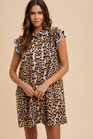 Taupe Leopard Crochet Trim Ruffle Mini Dress