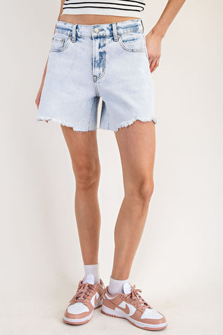 Relaxed Mid Rise Frayed Denim Shorts