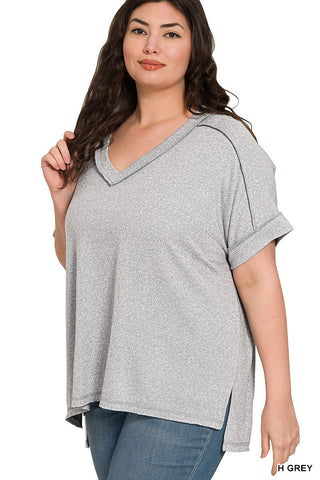 Curvy Soft Melange Hacci V-neck Tee