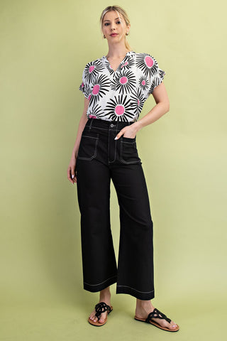 Curvy Black Contrast Stitch Wide Leg Crop Pant